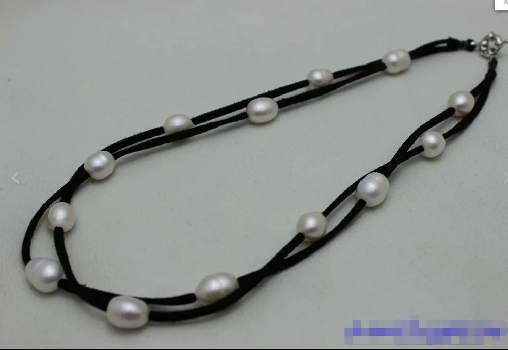 

N2065 2Strand Leather white Freshwater Pearl Necklace Alloy 18" beauty -Bride jewelry