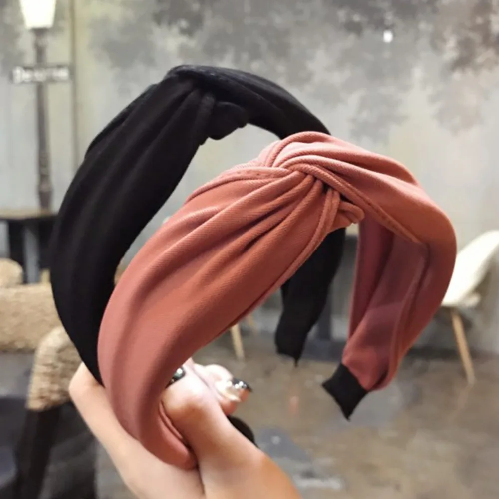 Женская повязка на голову однотонная с бантом перекрестная тканевая ободок