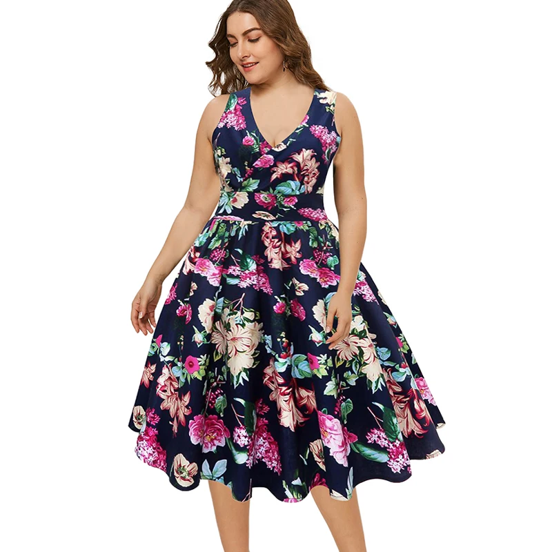 Женское винтажное платье большого размера плюс без рукавов с цветочным принтом
