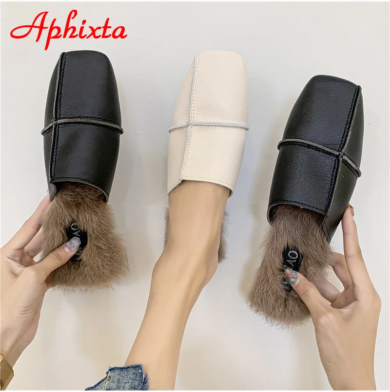 Aphixta/зимние теплые женские шлепанцы с натуральным кроличьим мехом; женские пушистые тапочки; женские шлепанцы на плоской подошве с квадратным носком