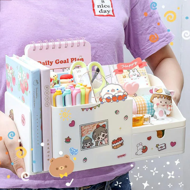 

Cute girl 2 in 1 multifunctional desktop storage box pen holder bookshelf bookends free stickers school stationery