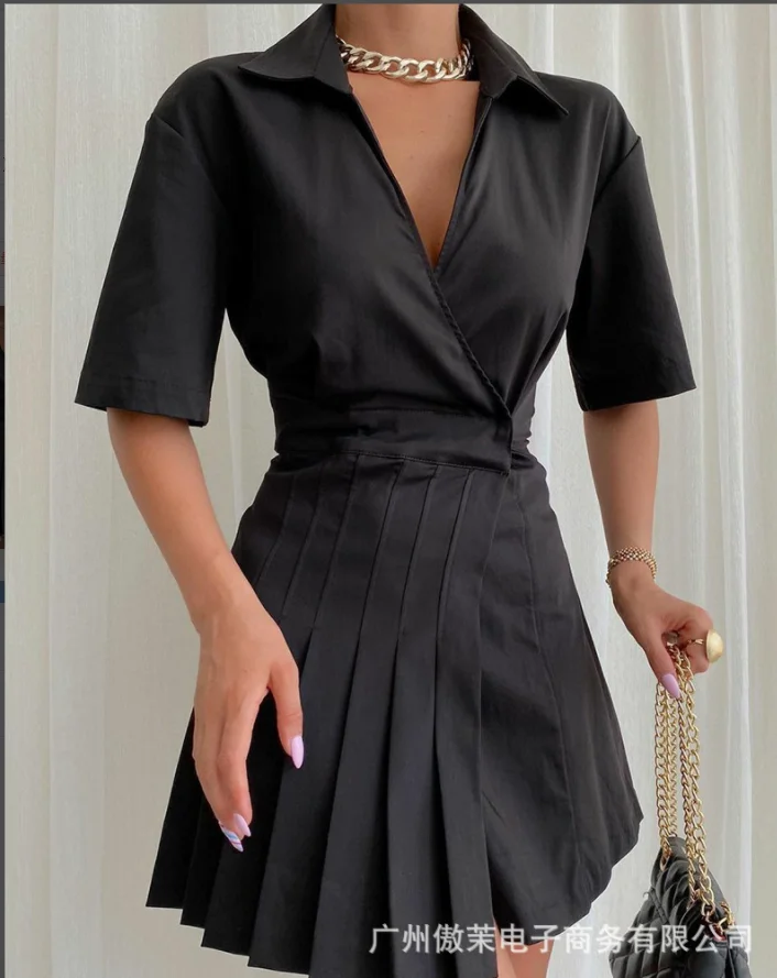 

2021 ZA Sommer Schwarz Popeline Wrap Kleid Frauen Kurzarm Plissee Vintage Party Kleider Weibliche Chic Seite Druckknopf Vestidos
