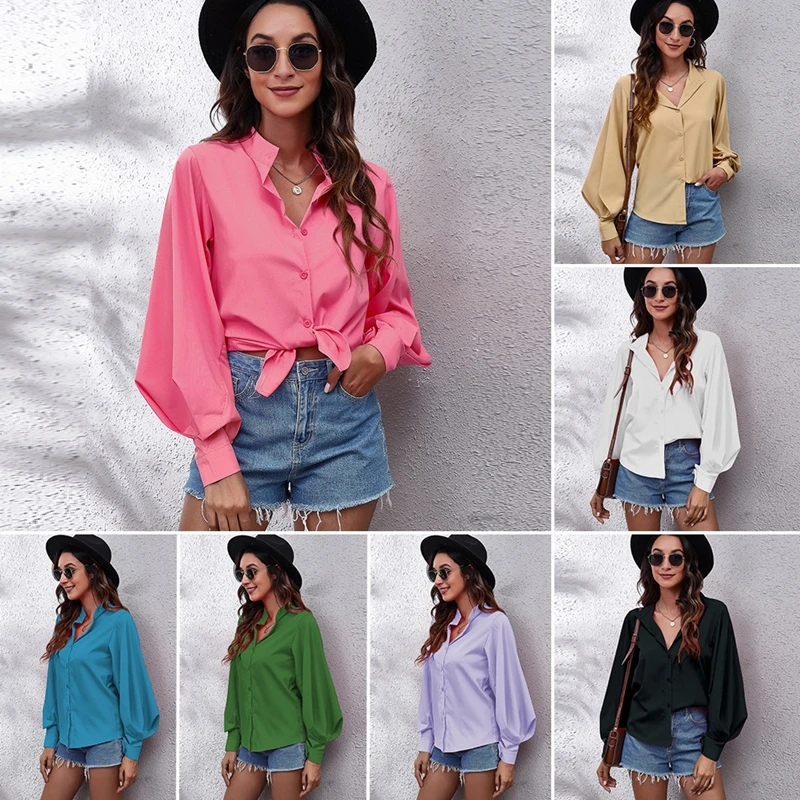 

Women Spring Fashion Chiffon Polo Shirts Casual Button Up Shirt Vintage Party Work White Lady lantern Sleeves Female Street Tops