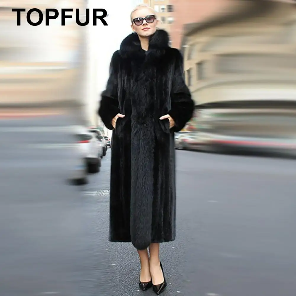Женское длинное меховое пальто TOPFUR роскошное черное из натурального меха норки