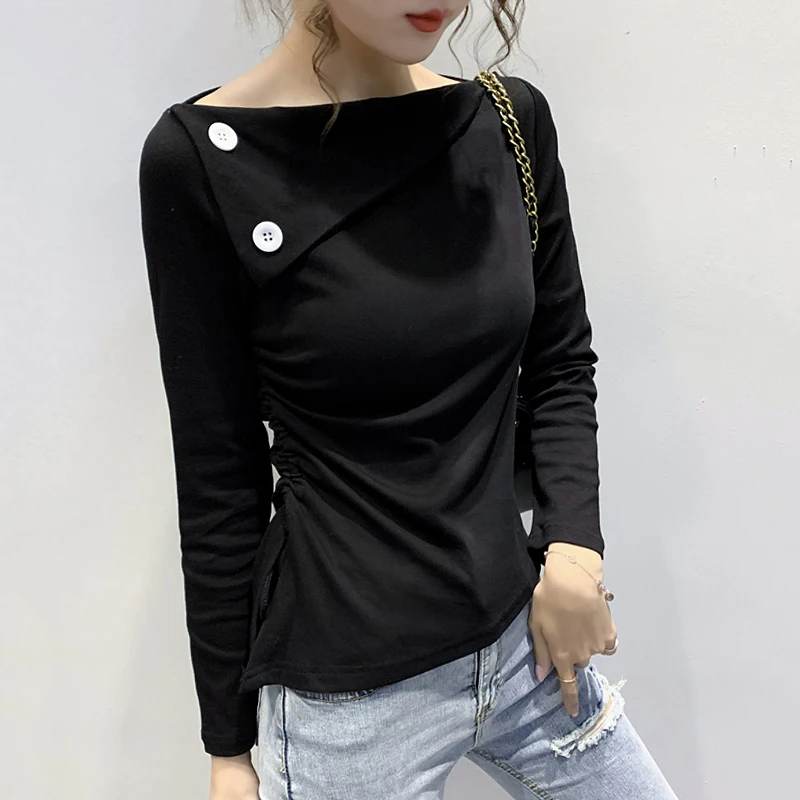 

#5745 Grey Black White Red Cotton Long Sleeve T Shirt For Women Slash Neck Buttons Slim Irregular T Shirt Female Side Drawstring