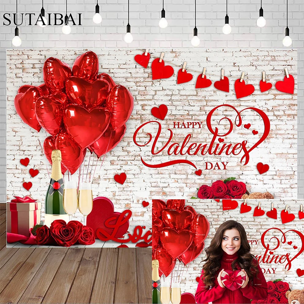 

Valentine's Backdrond for Photography Sweet Love Photo Decor Red Rose Balloon Bokeh Decorative Brick Wallpapers for Photography