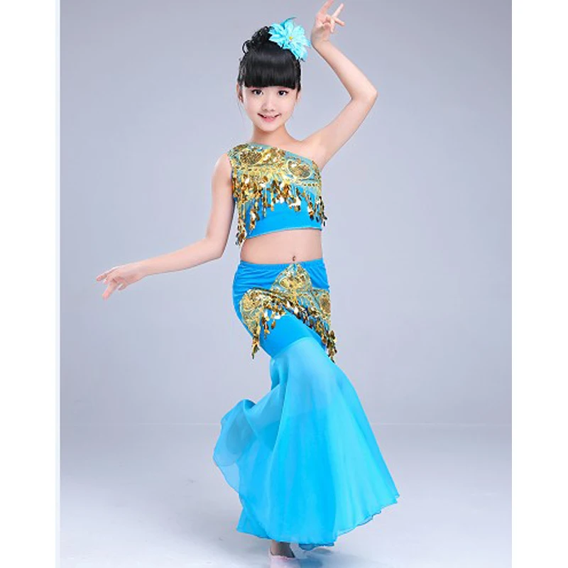 Sky blue set Детские костюмы для танца живота для девочек, 3 шт., женский жилет с открытыми плечами, юбка в виде рыбьего хвоста, дизайн с блестками, детская одежда для костюмированной вечеринки - Цвет: Sky blue set