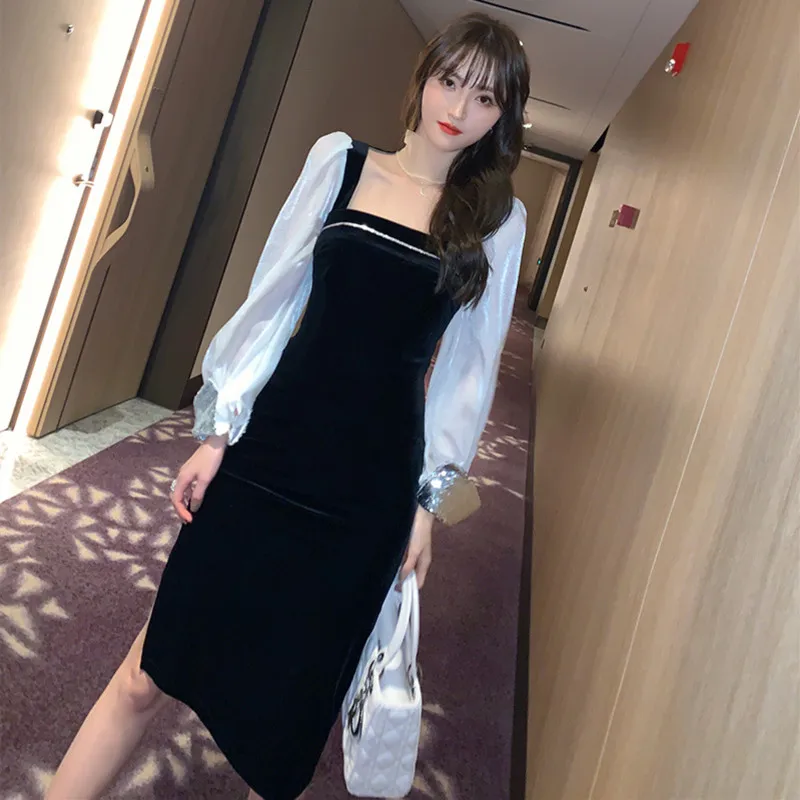 

Винтажное элегантное бархатное платье в стиле пэчворк вечерние нее платье с длинным рукавом, квадратным вырезом и разрезом, весеннее женское платье, платья