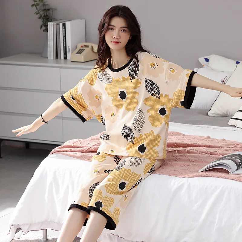 

M-5XL Plus Size Lounge Wear Pajamas Women Fashion Print Sleepwear Short Sleeve Summer Home Clothes New Student's Night Suit