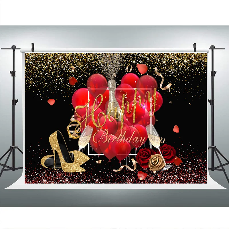 Красный воздушный шар роза цветок с днем рождения фон Золотой блеск высокий