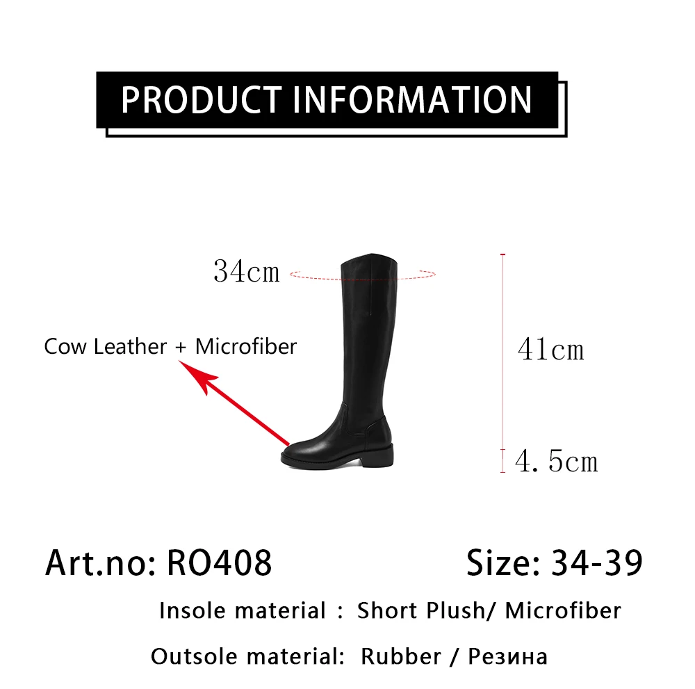 

RJN Women's Knee-high Boots Genuine Leather Long Brown Round Toe Elegant Zipper Fashion Basic Warm Winter Women's Shoes RO408