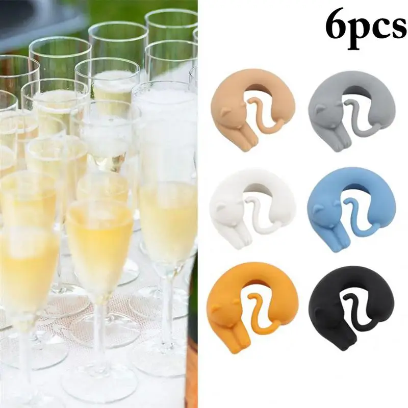 

6 Pcs Cute Wine Glass Charm Cat Wine Glass Marker Decor For Party Events Creative Silicone Identifier Cup Signs Bar Accessories