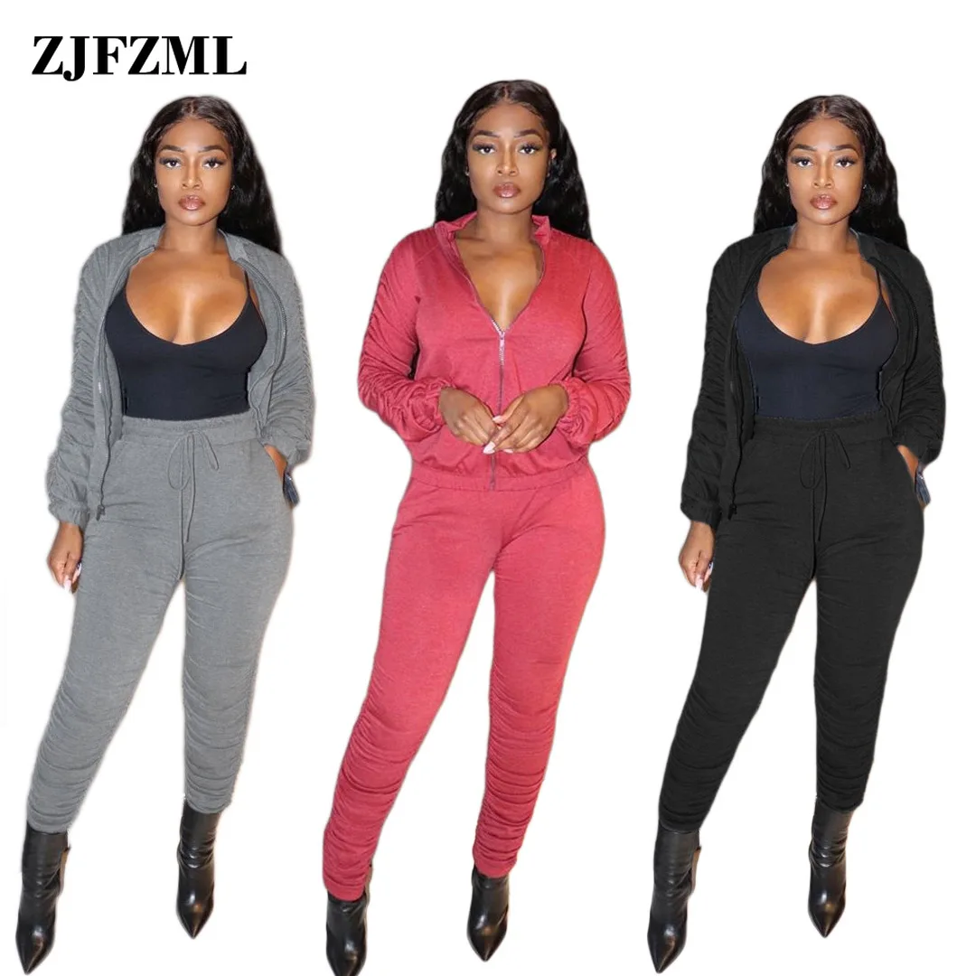 

Activewear Two Piece Pant Sets Women Casual Zipper Front Ruched Long Sleeve Jacket Tops and High Waist Sporty Trouser Tracksuits