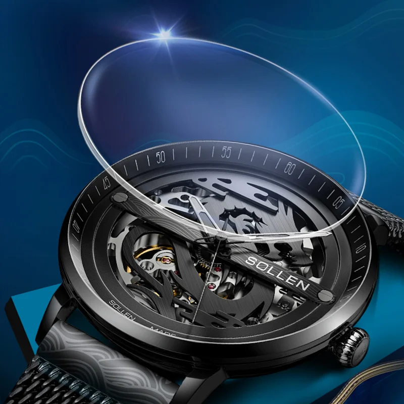 

Switzerland Luxury Brand SOLLEN Automatic Mens Mechanical Watches Waterproof Dragon Double Skeleton Luminous Watch SL317