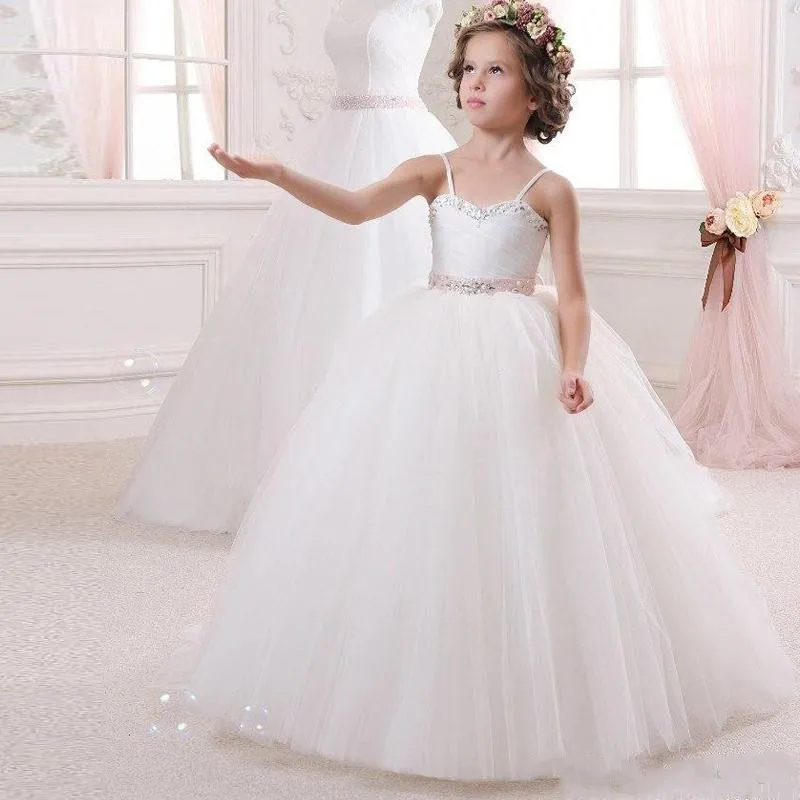 

Ivory White Puffy Girls Dresses for Wedding Party Pearls Ribbon Kids First Communion Dress Pageant Gowns Custom Made