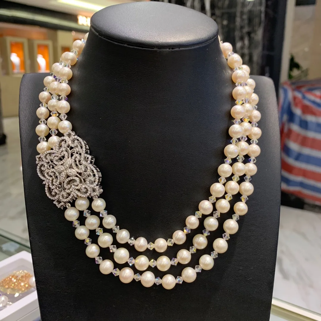 Precio Collar Vintage De Perla Natural De Agua Dulce Y Cristal, 3 Capas, Plata De Ley 925 Con Cerradura De Circonio Cúbico, Boda, 40CM
