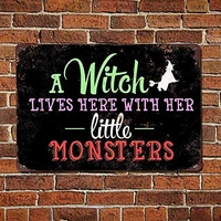 a witch lives here with her little monsters metal signs wall decor vintage metal signs cafe bar garage yard signs