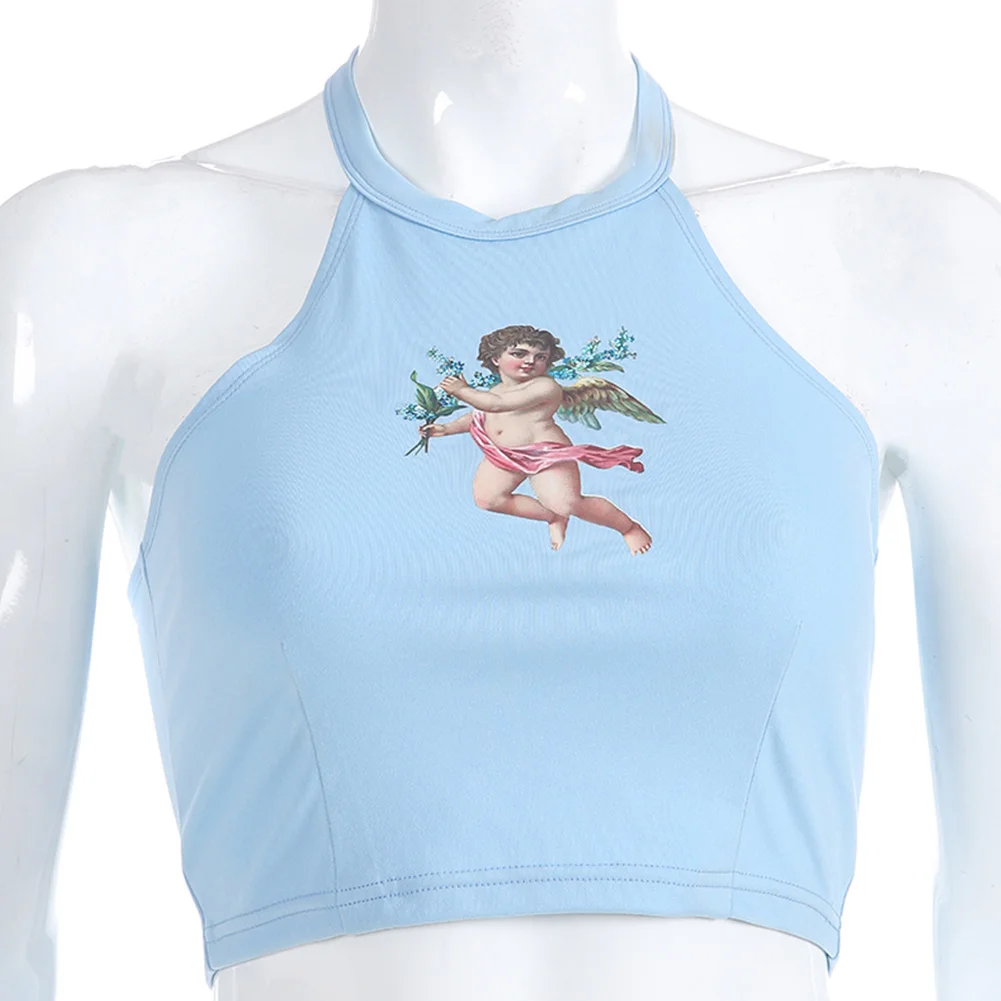 Летний короткий тонкий женский укороченный топ с открытой спиной жилет принтом