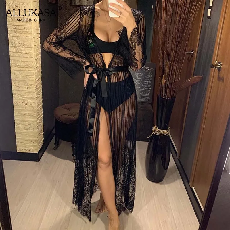 

Ladies Transparent Lace Beach Dress Sexy Crochet Bikini Top Cardigan Tunic Dress Casual Long Sleeve Beach Cardigan Dress