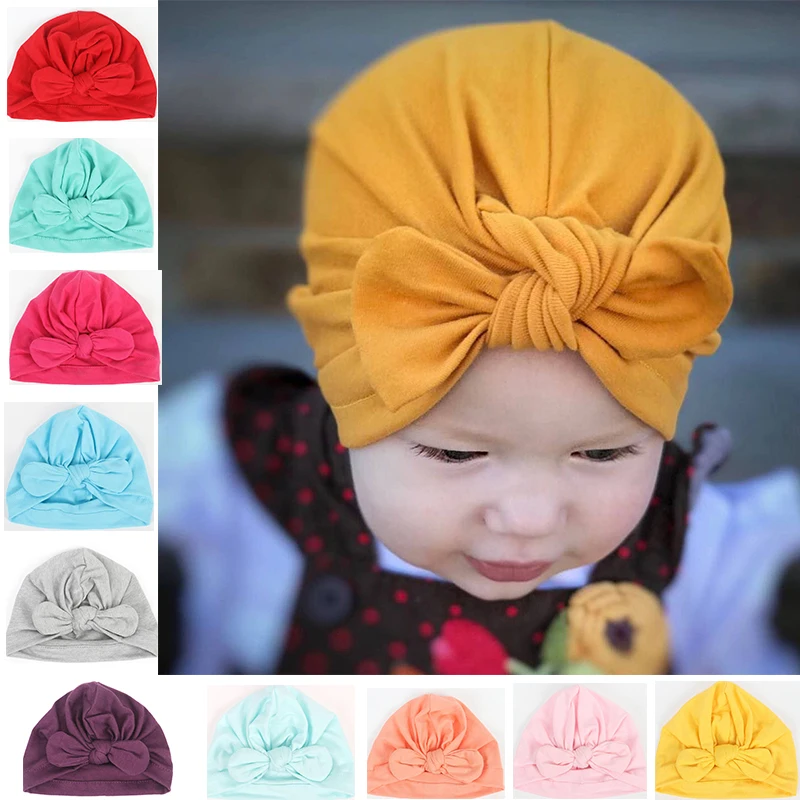 

Baby Bow knot Hat Cotton Newborn Bebes Knot Bunny ear Beanie Solid Color Infant Beanies Kids Caps Girls Boys Hair accessories