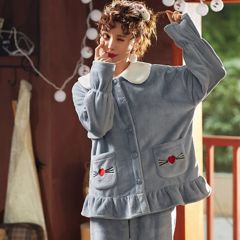 Fdfklak Коралловая флисовая Пижама осень зима плюс бархат Дамы фланель домашний