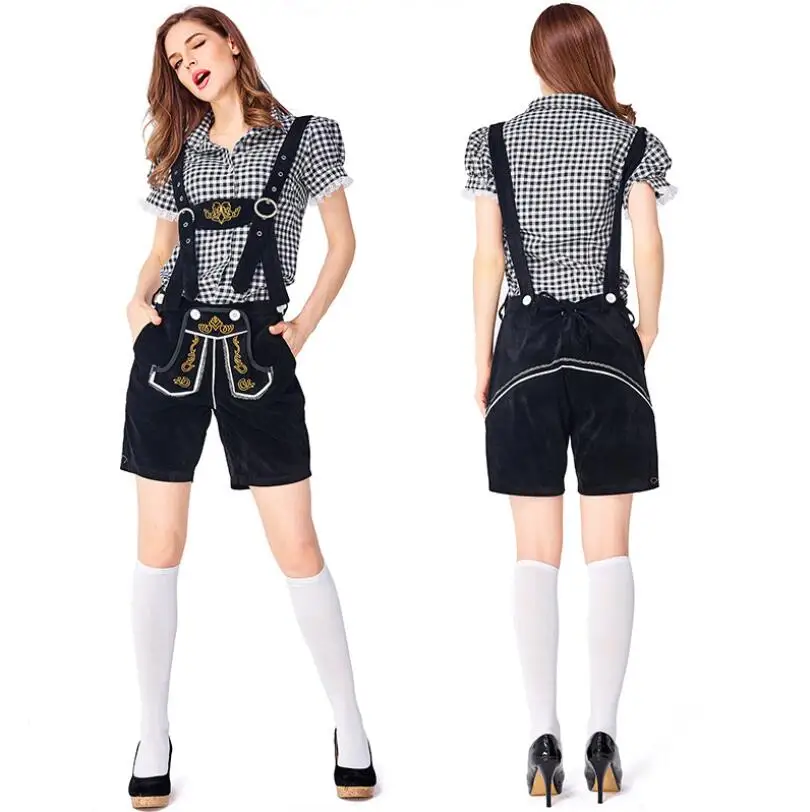 A4(Shirt Pants Hat ) Традиционный Женский Костюм Октоберфест с подтяжками шляпа костюмы набор Октоберфест баварское пиво девушка бар униформа - Цвет: A4(Shirt Pants Hat )