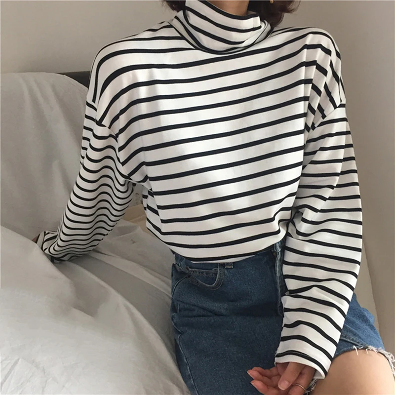 

Korean Style Long Sleeve Female Spring Autumn Version Pullovers Thickened High-collar Bottom Blouse Stripe Blouse Women Casual