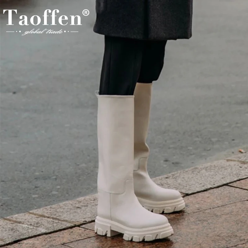 

Женские сапоги до колена на платформе Taoffen, зимние сапоги размеров 34-40 из натуральной кожи на высоком каблуке