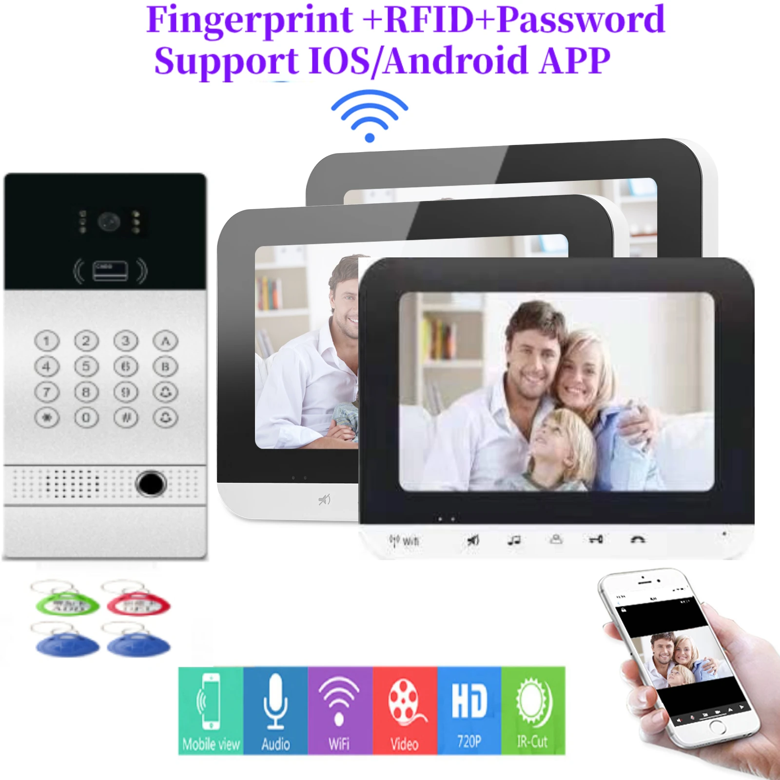 

App Remote Finerprint RFID Unlock Video Doorbell 7 Inch Monitor WIFI Video Door Phone Intercom KIT+Metal Case Waterproof Camera