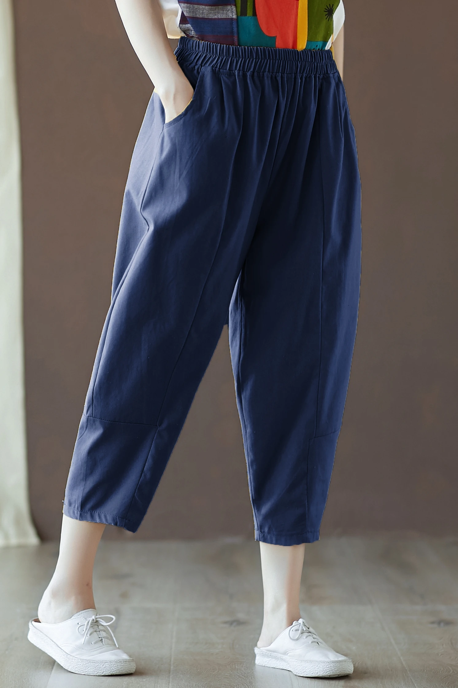 

Harem Pants Calf-length Trousers Plus-Size Pockets Women's Elastic-Waist Solid loose Casual DM001