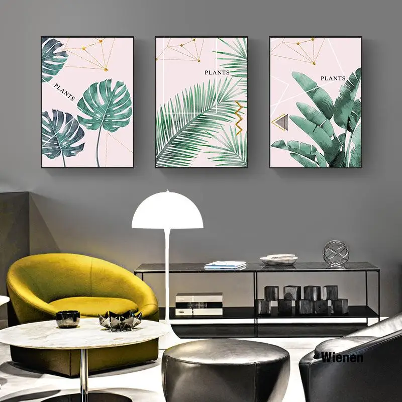 

Green Plant Monstera Poster And Canvas Painting Decoration Sofa Background Wall Hanging Banana Leaf Modern Pink Painting Core