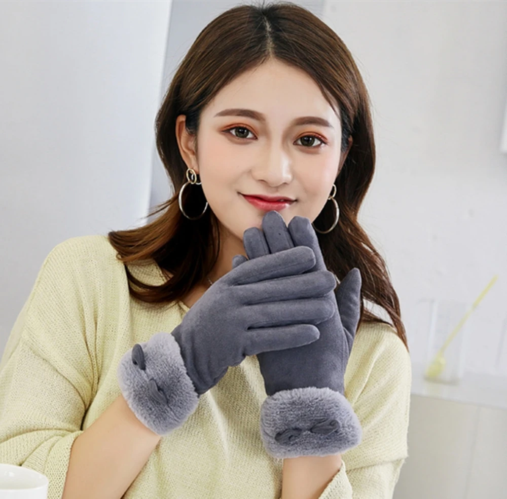 

Замшевые женские весенне-осенне-зимние Бархатные утепленные милые корейские студенческие хлопковые теплые перчатки для велоспорта с сенс...