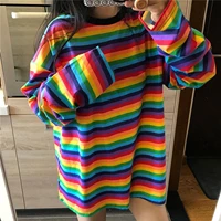rainbow tshirt women o neck tees shirt long sleeve harajuku streetwear korean causal loose rainbow striped t shirt for women