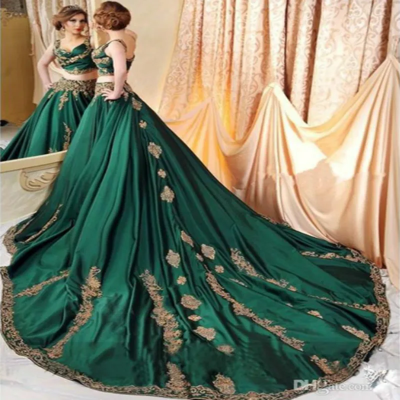 

Indian Abaya Green 2 Piece Evening Dresses with Gold Lace Applique Prom Gowns Sexy Saudi Arabic Beaded Kaftan Dress Evening Wear