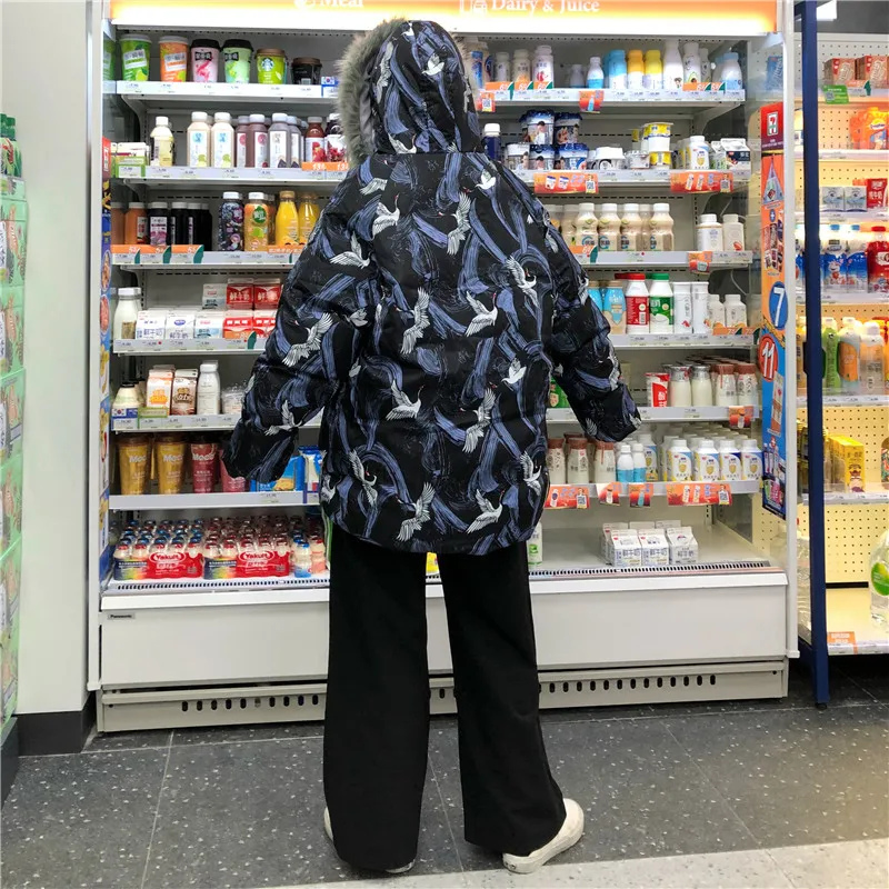 Woherb Harajuku куртки зимняя женская стеганая парка винтажный кран печати свободная японская стеганая куртка с капюшоном Femme Chaqueta Mujer