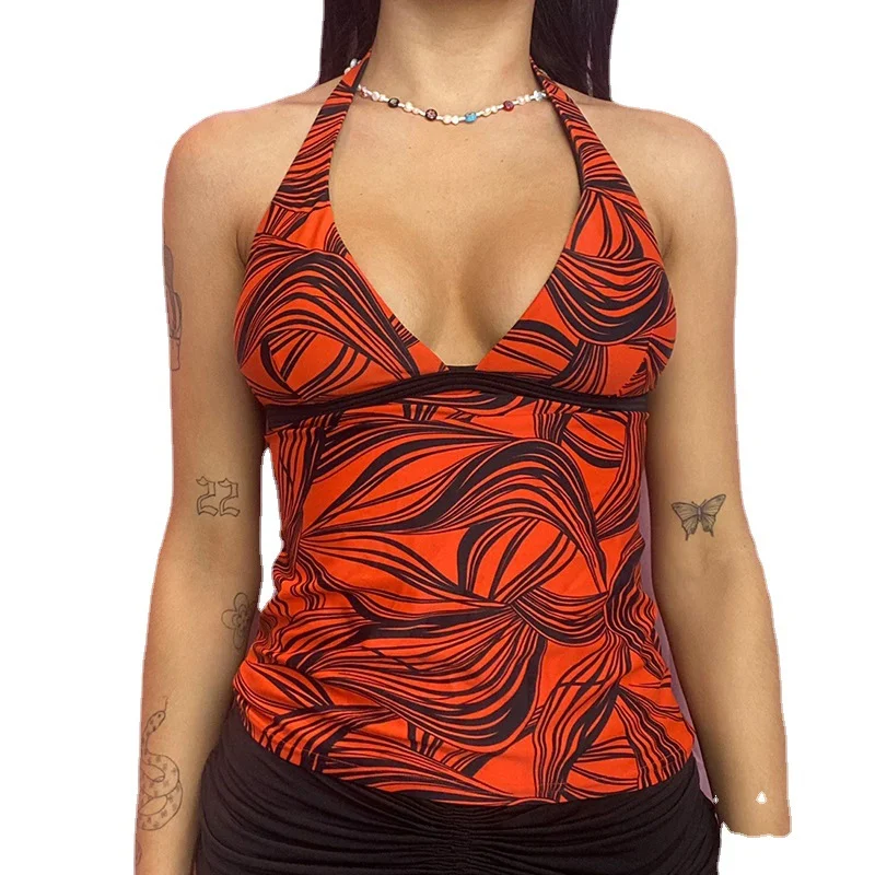 

Wave Print Y2K Brown Halter Camisole Women V-neck Shirring Skinny Corset Tops Aesthetic Korean Summer Harajuku Tee Top For Women