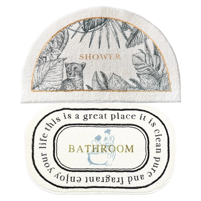 

2 Pcs Retro Bathroom Carpet Non-Slip Area Rugs Absorbent Floor Mat Soft Plush Doormat, Semicircle & Ellipse