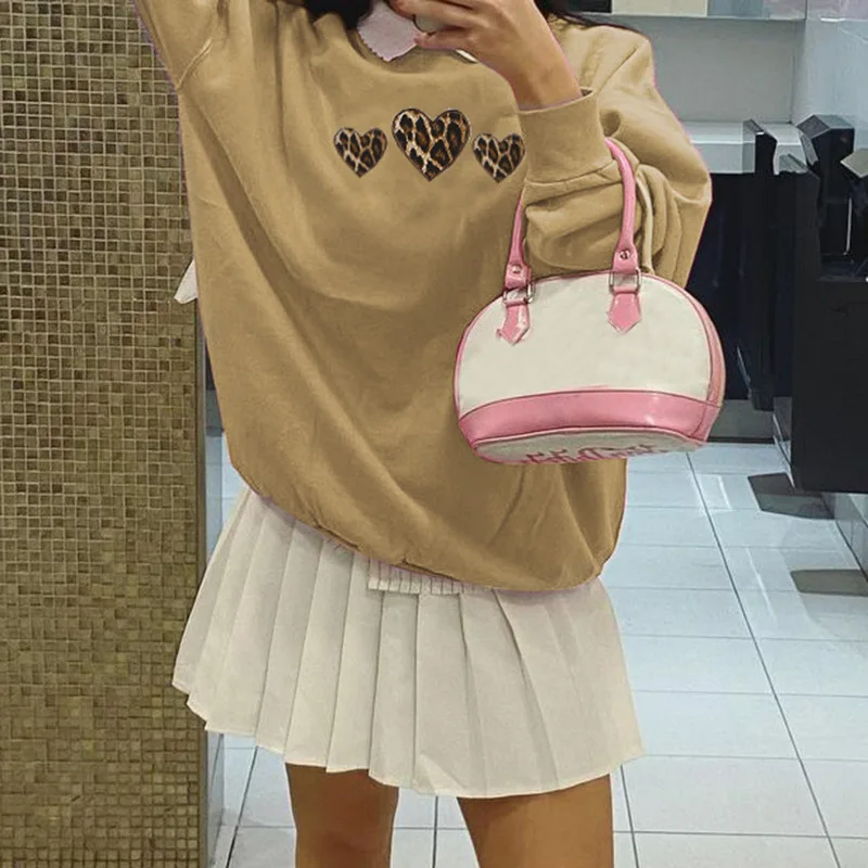 

Zoulv 2021 Spring Autumn Sweater Hoodless Trend Leopard Print Love Print Girl Street Dance Casual Joker O-neck Colorful Top