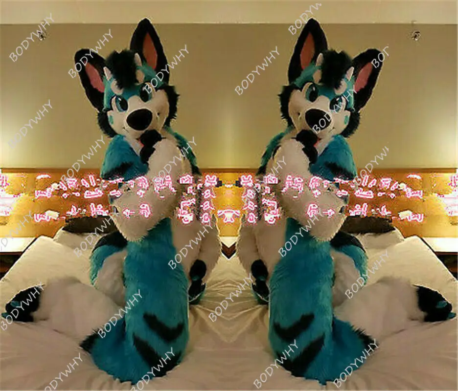 Синий длинный меховой пушистый костюм хаски собаки лисы волка талисмана