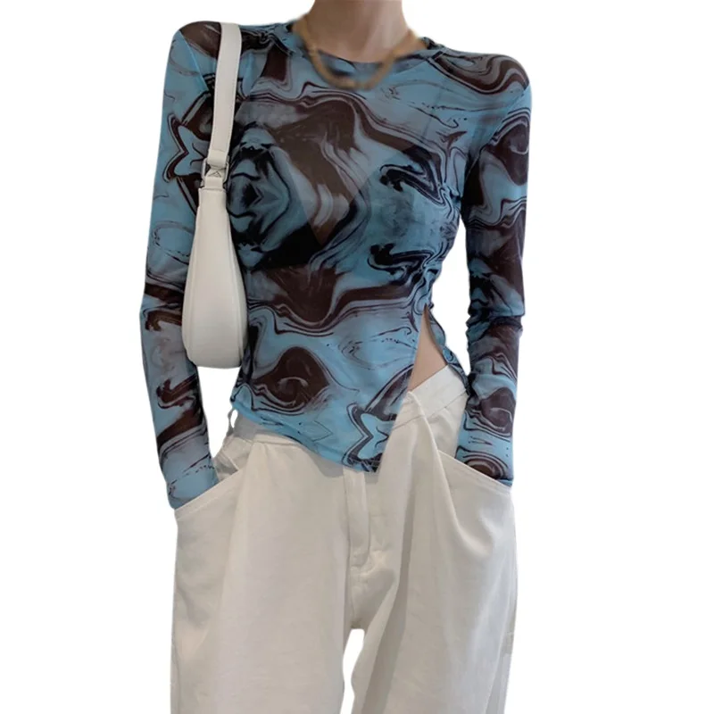 

Женская футболка с круглым вырезом, окрашенная Асимметричная сетчатая Солнцезащитная футболка с длинными рукавами в Корейском стиле