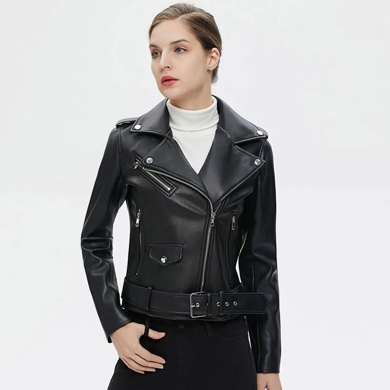 

ZCWXM Spring Autumn Pu Leather Jacket Women Belt Zipper Soft Pu Short Faux Leather Jackets Biker Black Punk Motorcycle Coat New