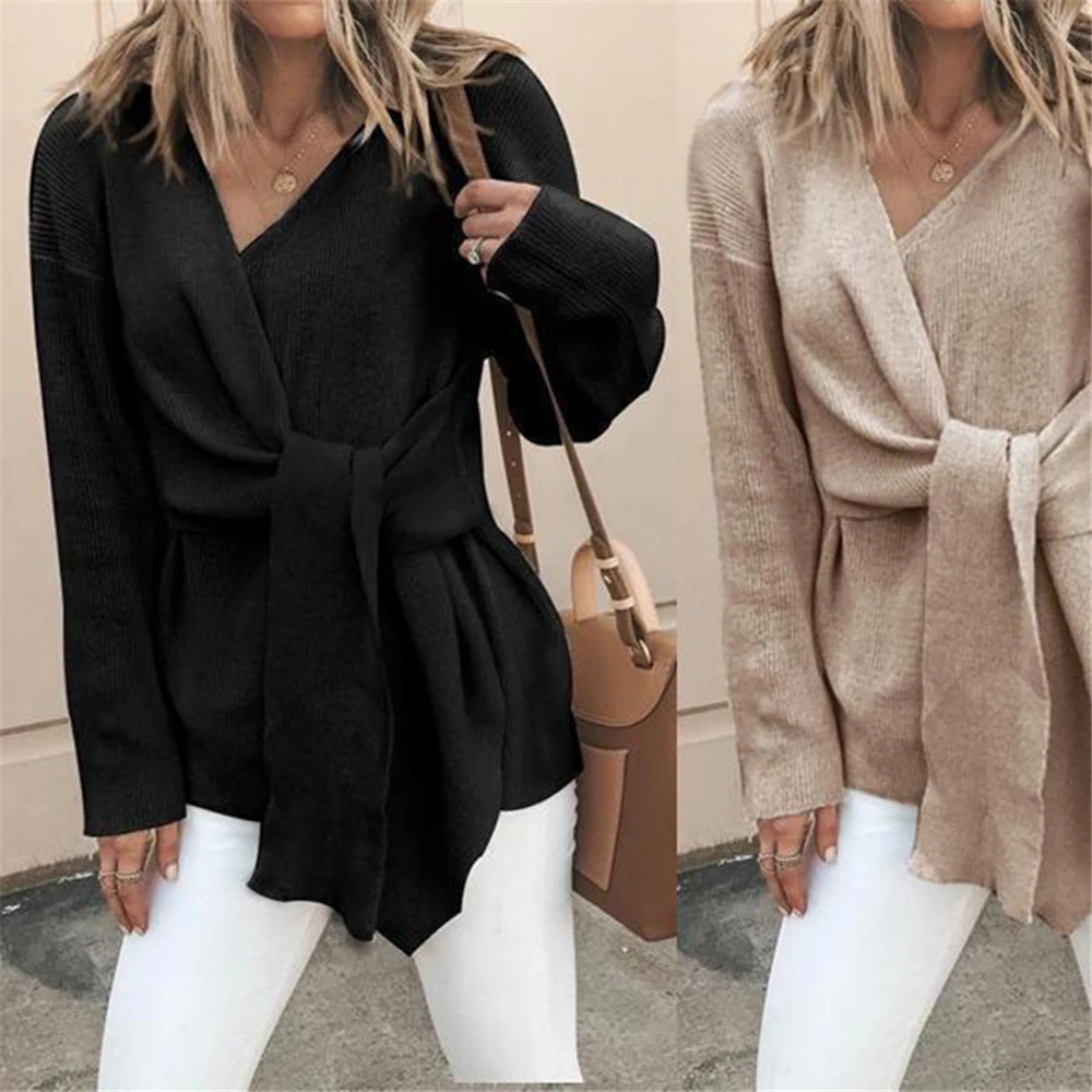 Новинка Европейская Женская блузка с поясом Осенний тонкий кардиган длинным