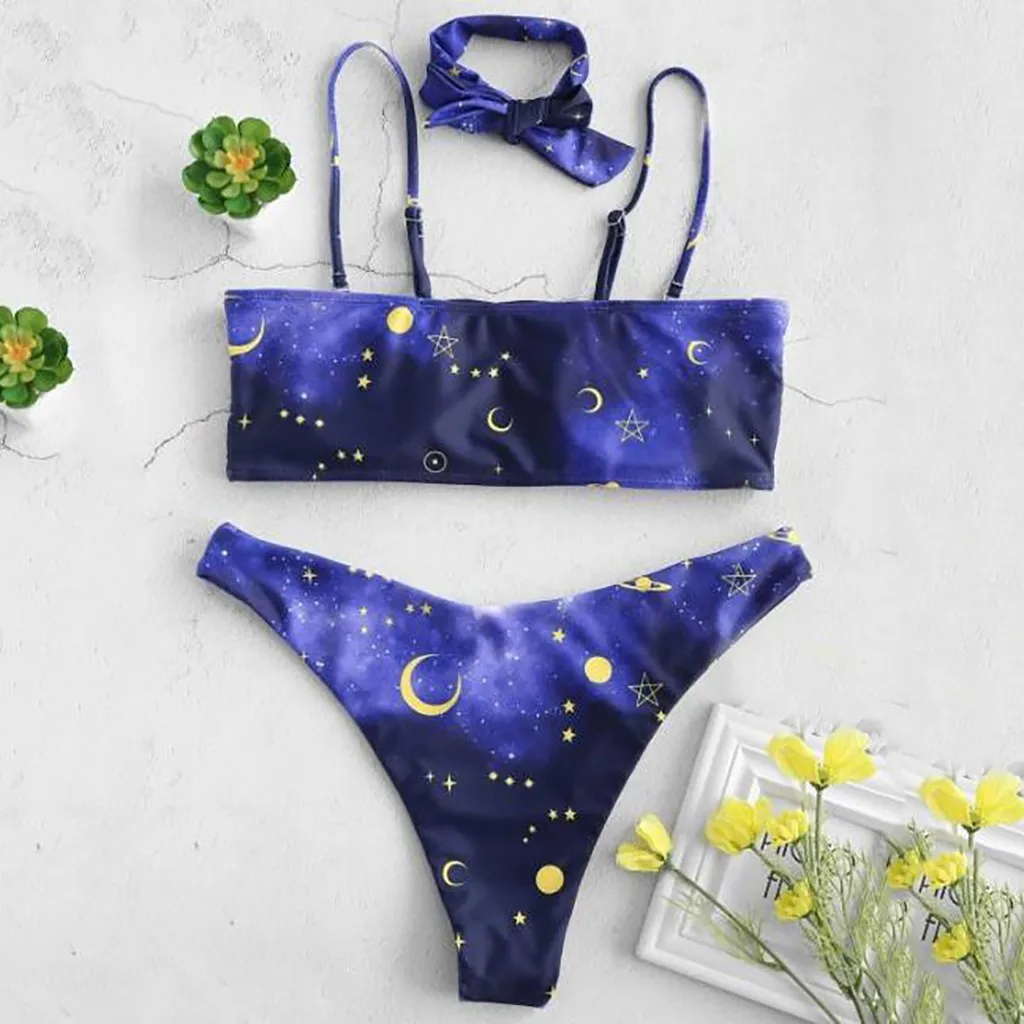 KANCOOLD Starry Sky BLue Girls Bikini Set Femme Bathing Suit Bandeau Swimwear Women Sexy Padded Swimsuit With Head Rope |