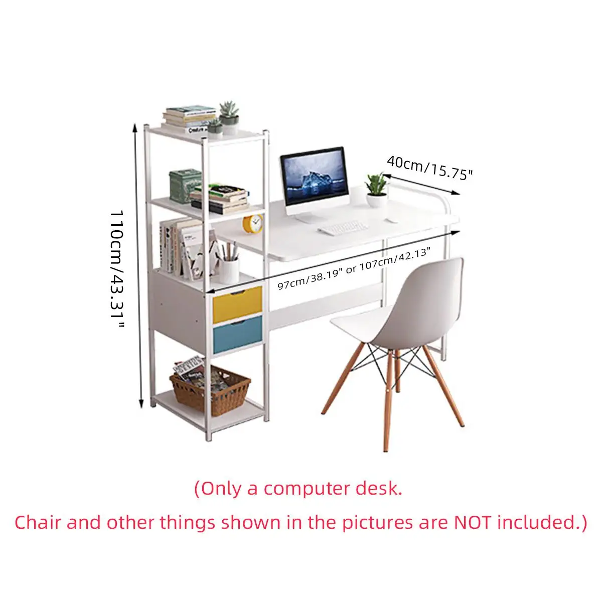 

107CM Wood Computer Desk Laptop Desk Writing Table Study Desk with Shelves Drawers Office Furniture PC Laptop Workstation Home
