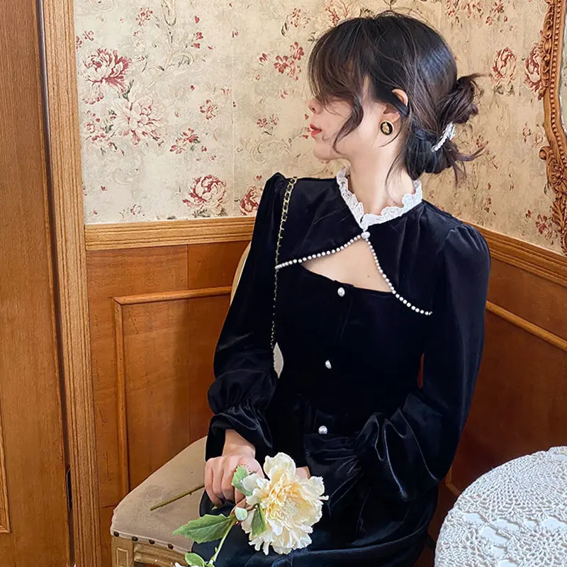 

Винтажное черное платье, женское повседневное вечернее цельнокроеное платье, корейское весеннее облегающее Привлекательное платье на пуг...