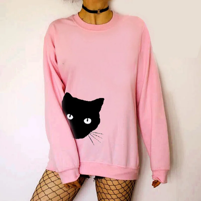 Cat Cute Solid Hoodies Sweatshirts 2022 Women Casual Kawaii Harajuku Fashion Punk For Girls Clothing European Tops Korean