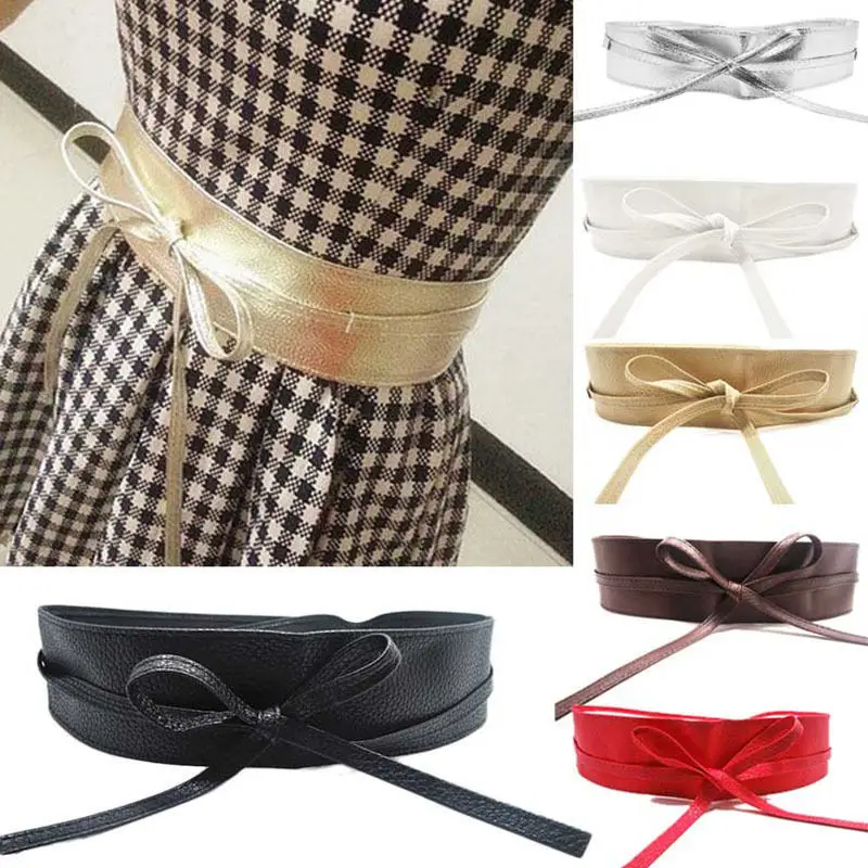 

Female Belt Soft Leather Wide Self Bow Knot Tie Wrap Around Waist Band Dress Belt 9 Colors