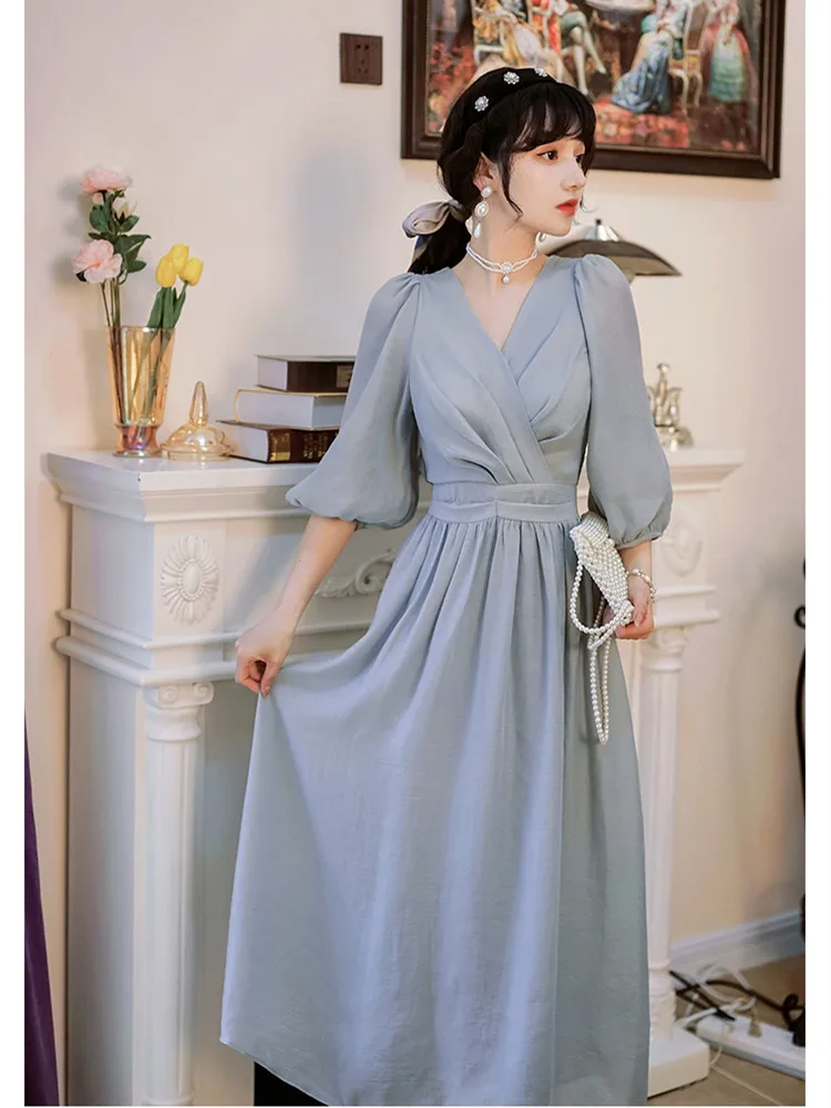 

Женское плиссированное платье с рукавами-фонариками, голубое нежное платье во французском ретро-стиле с V-образным вырезом, летняя одежда