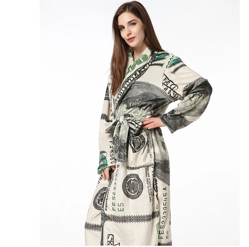 

Fannel Printed Woman Bathrobe Long Robe With Hat Dressing Gown For Women