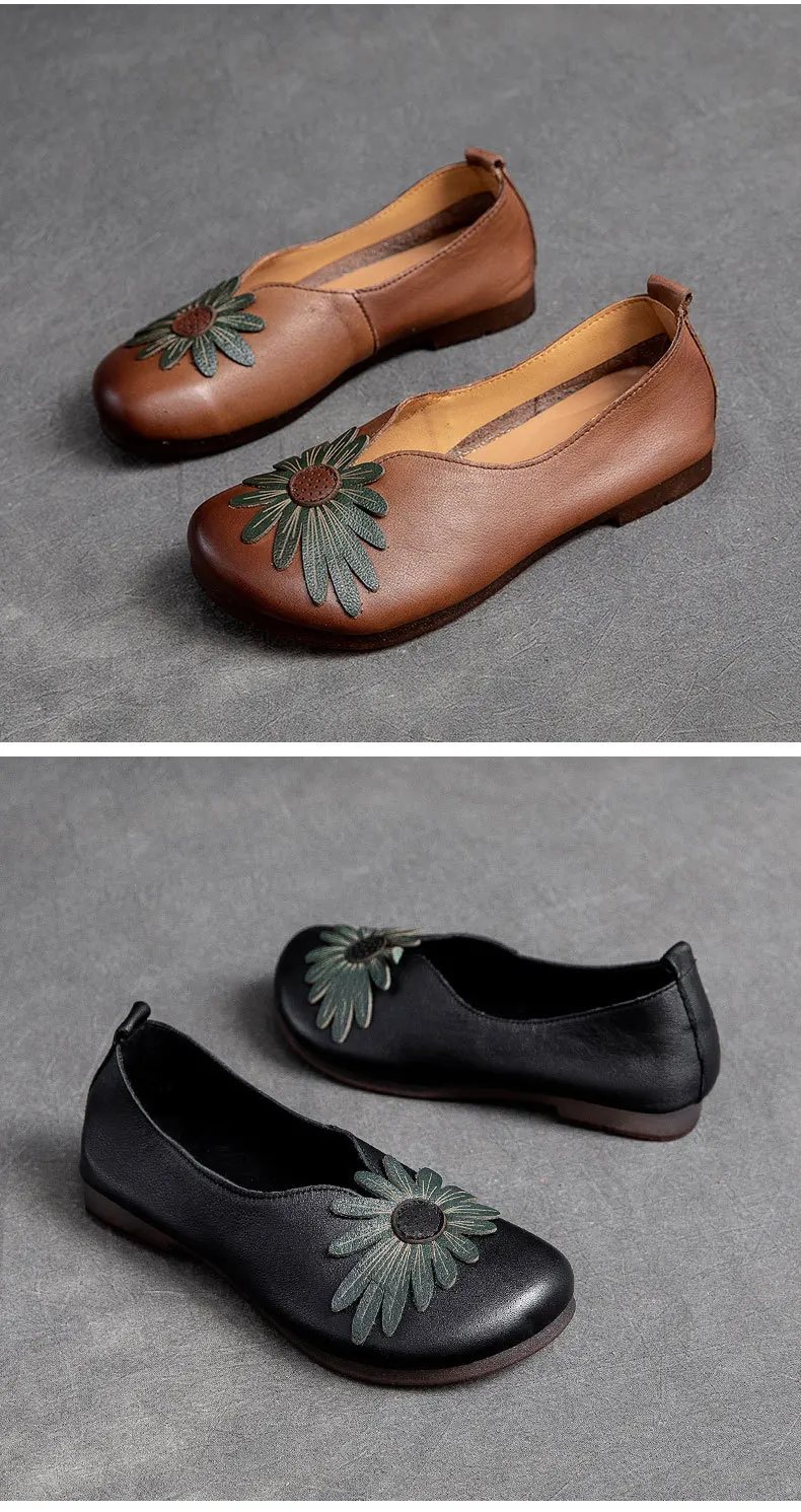 

2021 high-quality leather flat-bottom color matching retro flowers flat-heel low-top round toe ladies casual sleeve shoes